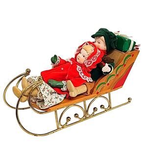 Vintage Musical Christmas Sleigh Wood w/Brass Boy/Girl Porcelain Figurines